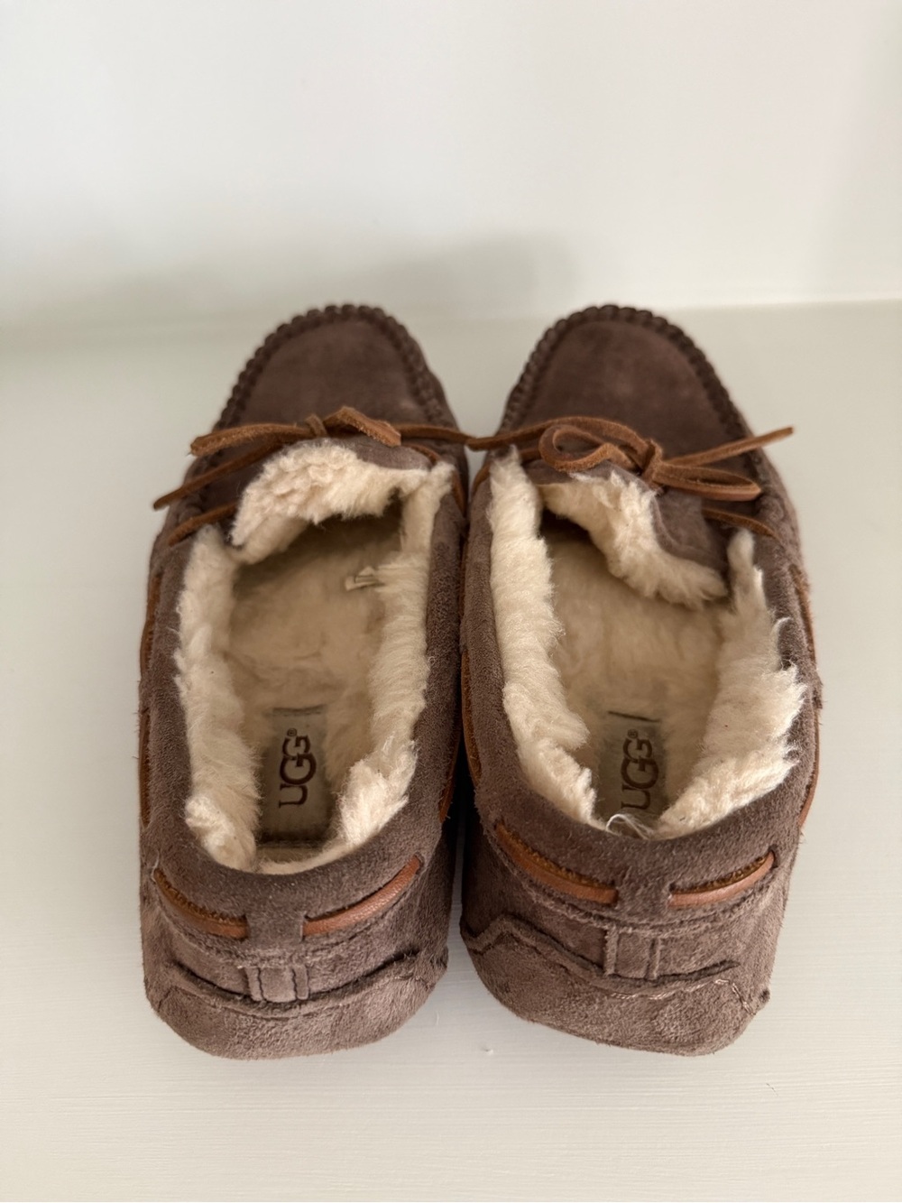 UGG Brown Suede Shearling Moccasins with Leather Bow - Picture 6 of 7